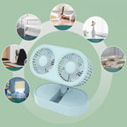 Desktop Double Blade Small Fan USB Mini Folding Desktop 2 Head Fan for Student Office Folding Dual Motor Blue