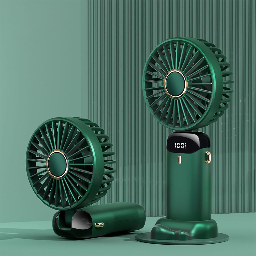 Folding Fan USB Digital Display Handheld Ergonomic Handle ABS PC Small Portable Fan for Outdoor Green 3000M with Aroma Piece and Lanyard