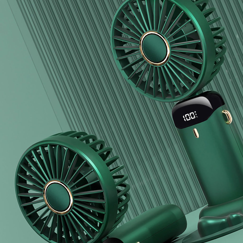 Folding Fan USB Digital Display Handheld Ergonomic Handle ABS PC Small Portable Fan for Outdoor Green 3000M with Aroma Piece and Lanyard