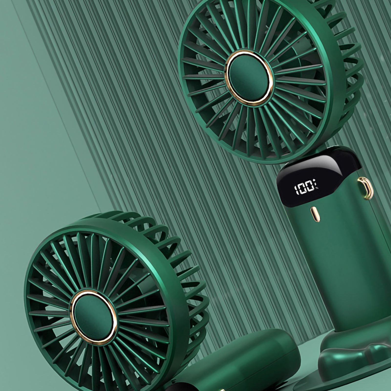 Folding Fan USB Digital Display Handheld Ergonomic Handle ABS PC Small Portable Fan for Outdoor Green 3000M with Aroma Piece and Lanyard
