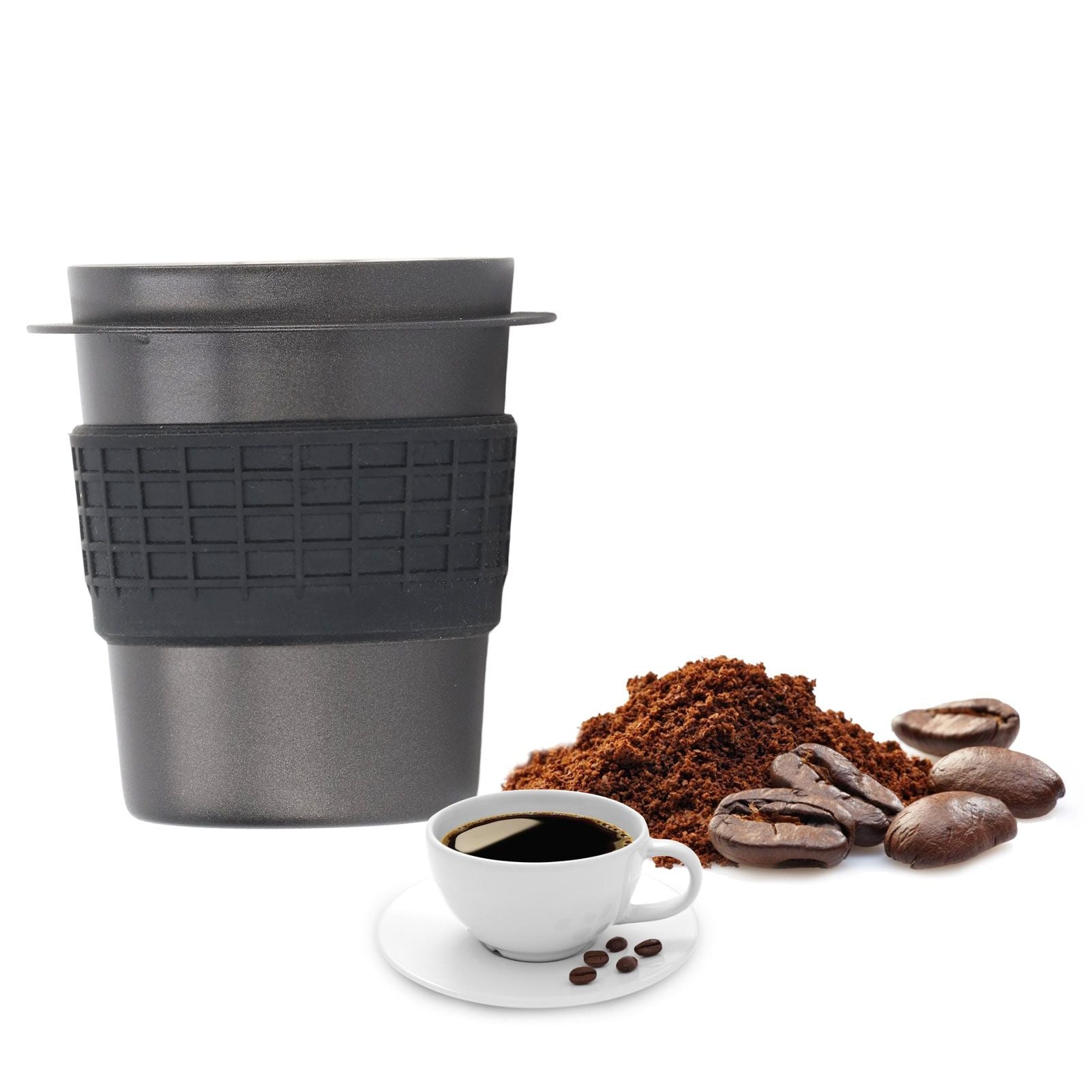 58mm Stainless Steel Coffee Dosing Cup Coffee Machine Handle Receiving Powder Cup with Silicone Ring Black