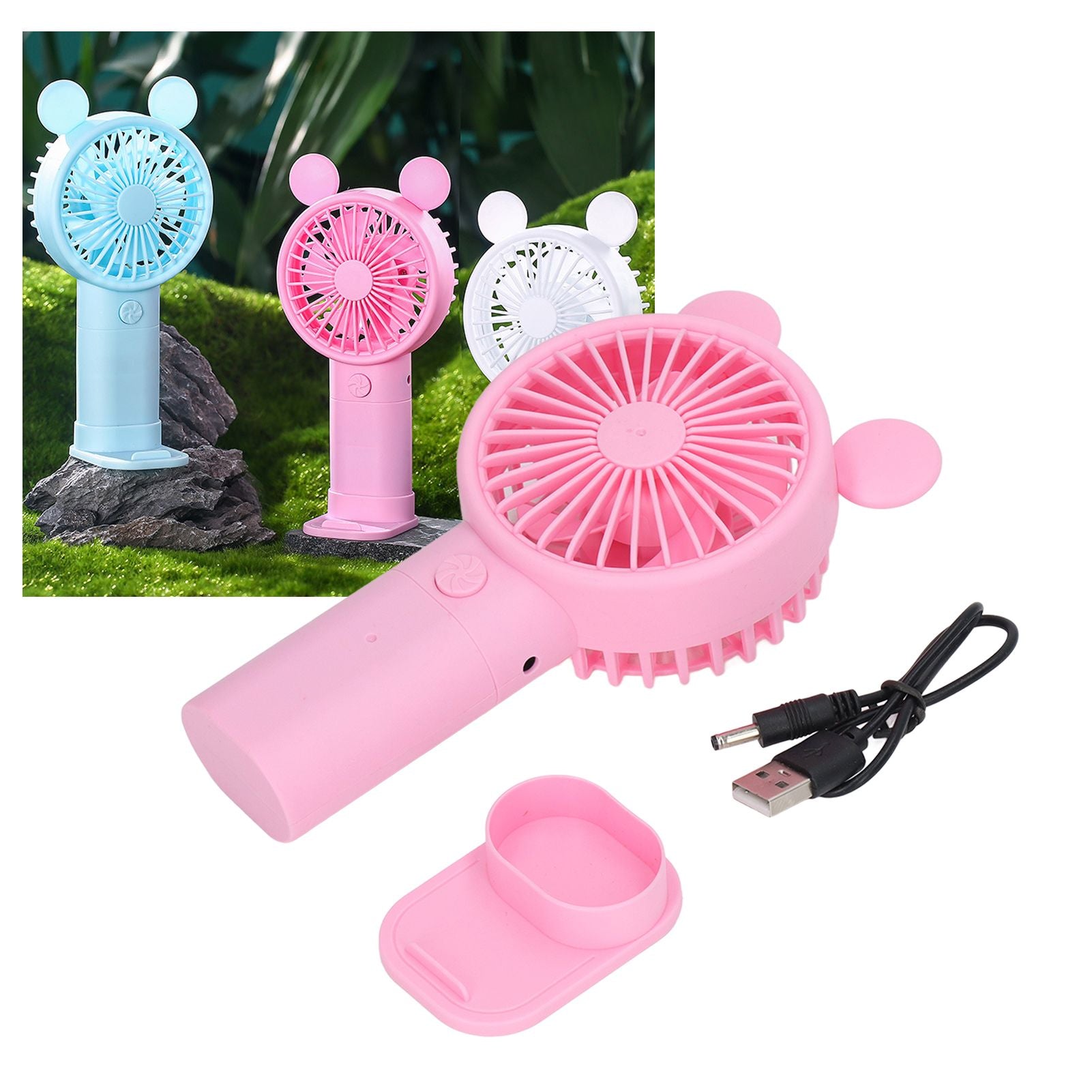 Handheld Fan Plastic USB Battery Dual Drive Built in Lithium Battery Mini Desk Fan for Summer Pink