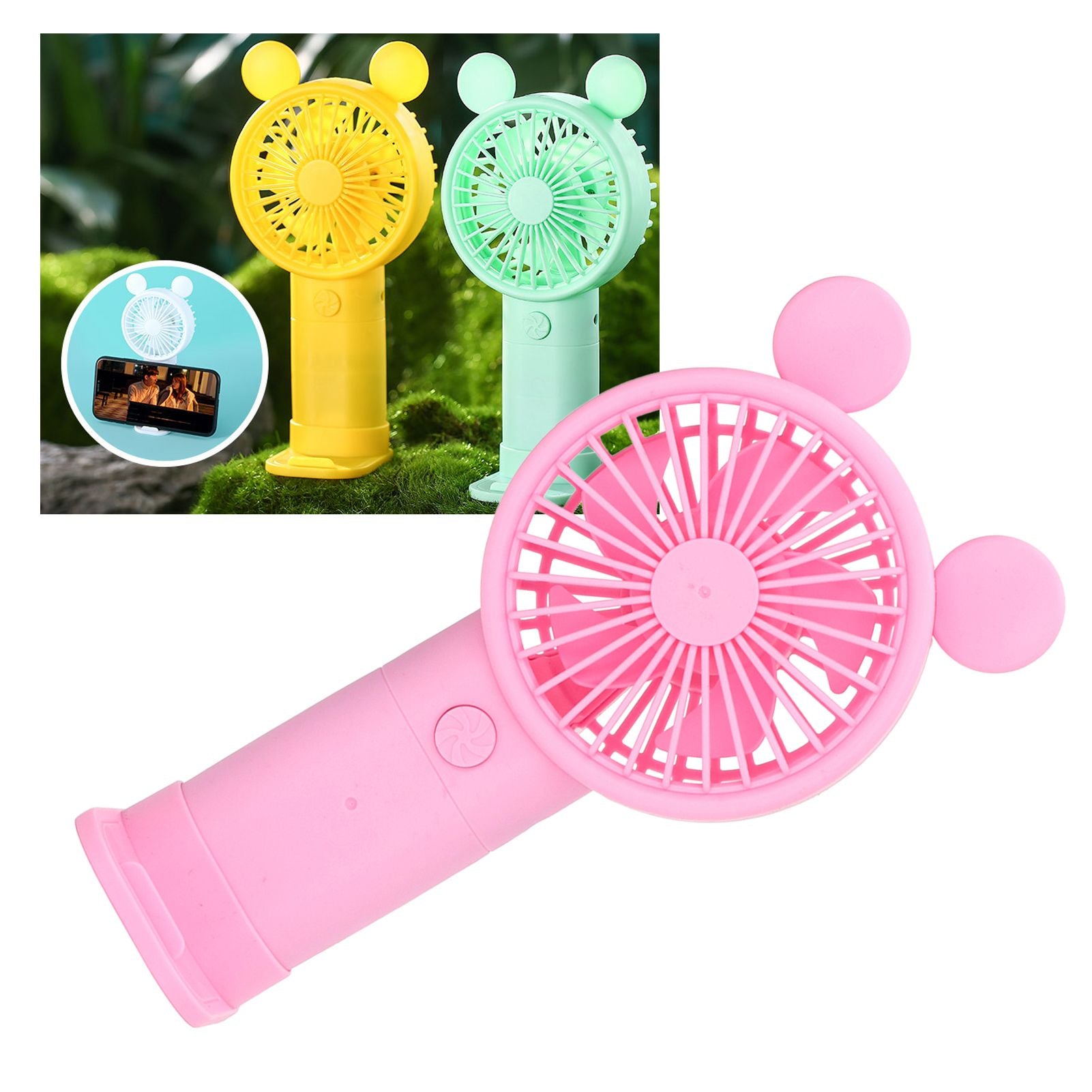 Handheld Fan Plastic USB Battery Dual Drive Built in Lithium Battery Mini Desk Fan for Summer Pink