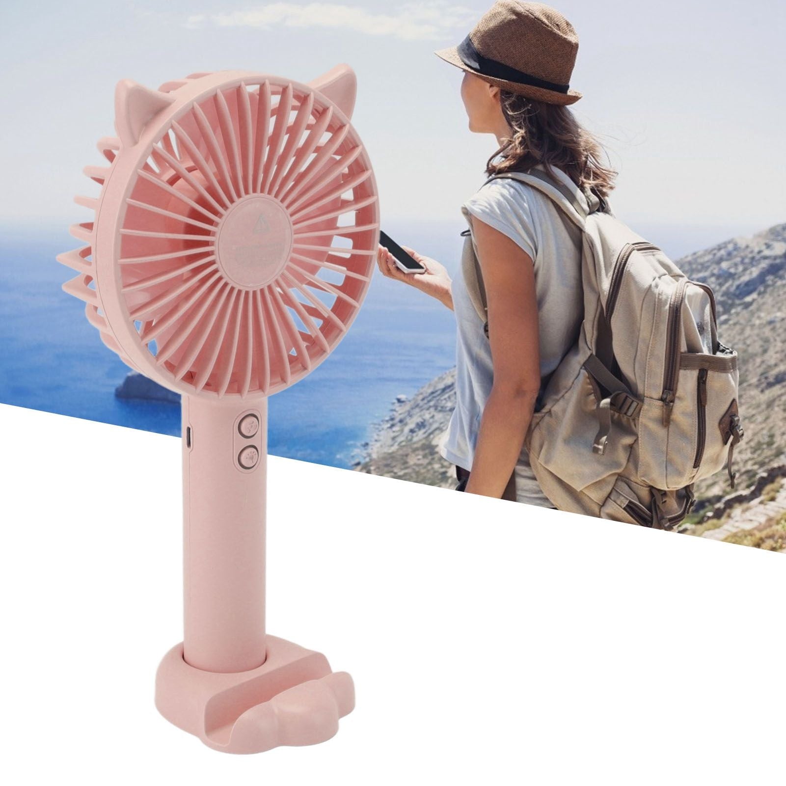 Hand Held Fan Portable USB Rechargeable Cute 3 Speed Wind Regulable ABS PC Battery Operated Fan for Travel Pink