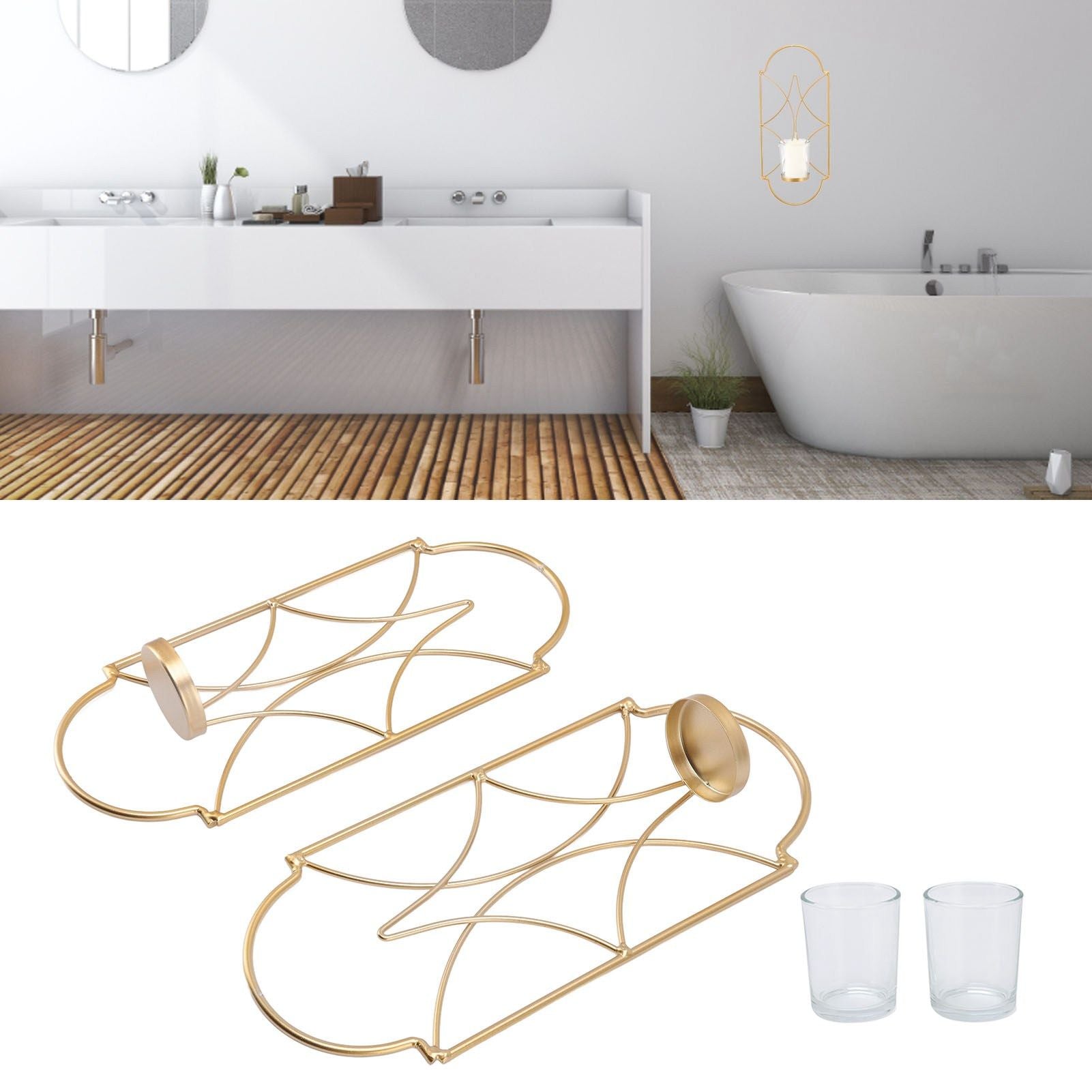 2Pcs Wall Mounted Candle Holder Iron Glass Sconces Decoration Accessories for Living Room Bedroom Gold