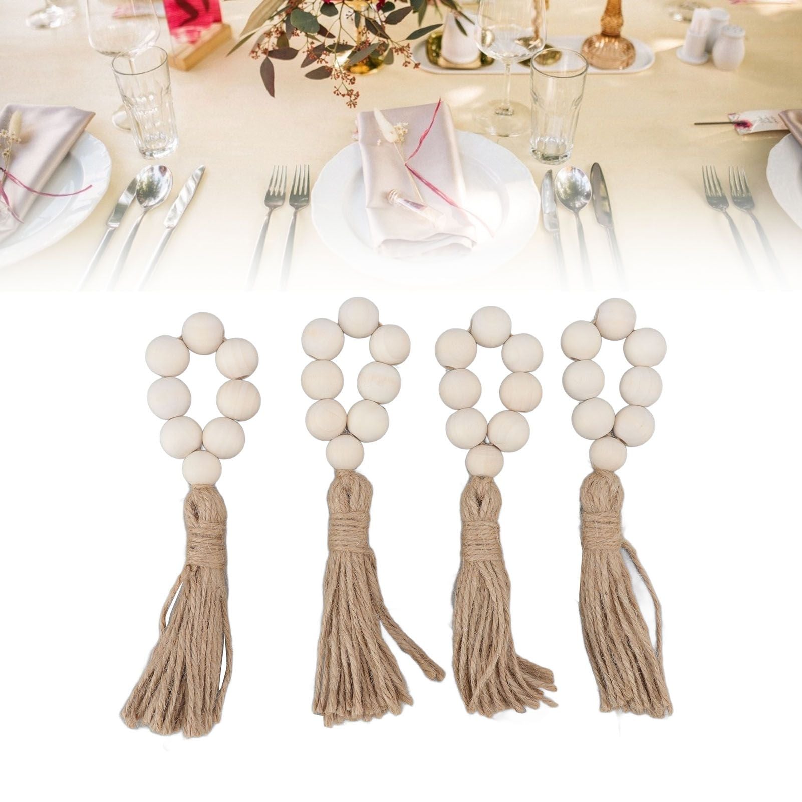 Napkin Ring Decorative Elegant Wood Beads Table Napkin Holder with Tassels for Party Wedding Home 4pcs