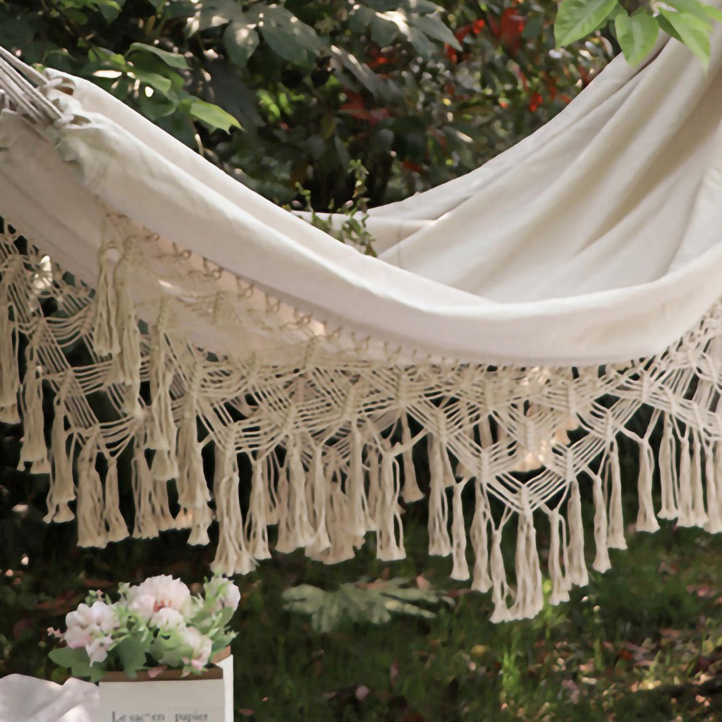 Double Hammock Wearable Portable Rustic Tassel Adult Hammock with 2 Tie Ropes Storage Bag for Camping Indoor Outdoor Beige