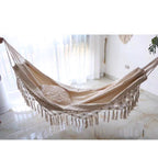 Double Hammock Wearable Portable Rustic Tassel Adult Hammock with 2 Tie Ropes Storage Bag for Camping Indoor Outdoor Beige
