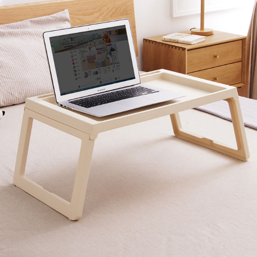 Laptop Bed Desk PP Folding Simple Downward Grooved Design Lap Desk Bed Table with Charging Hole for Bedroom Dorm Beige 68x35.8x27.5cm