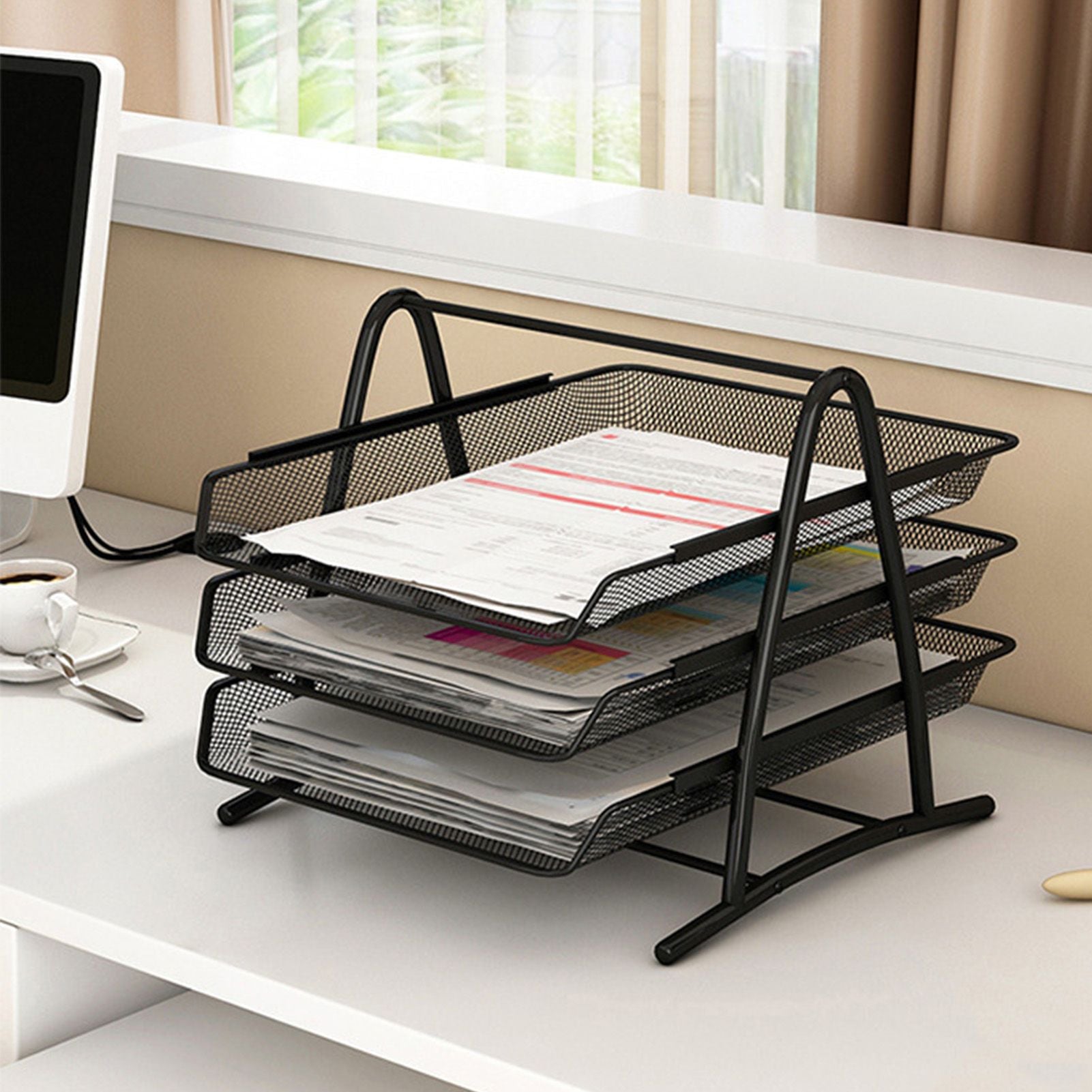Office Desk Document Tray Mesh Bracket Paper Letter Shelf Holder Black Metal for Home Study School 3 Layers