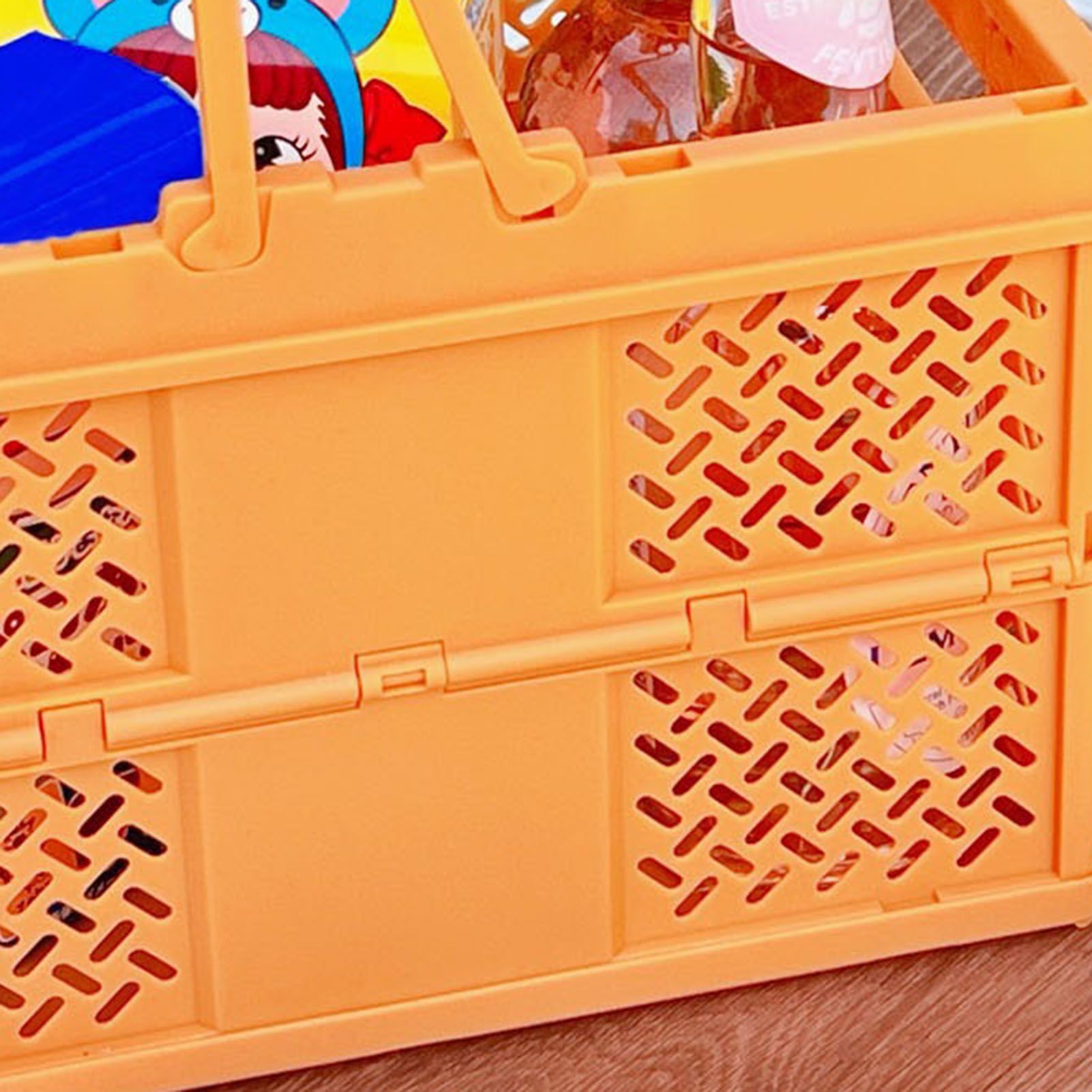 Folding Picnic Basket Stackable Storage Box Plastic Grocery Shopping Basket with Handles for Outdoor Home Orange