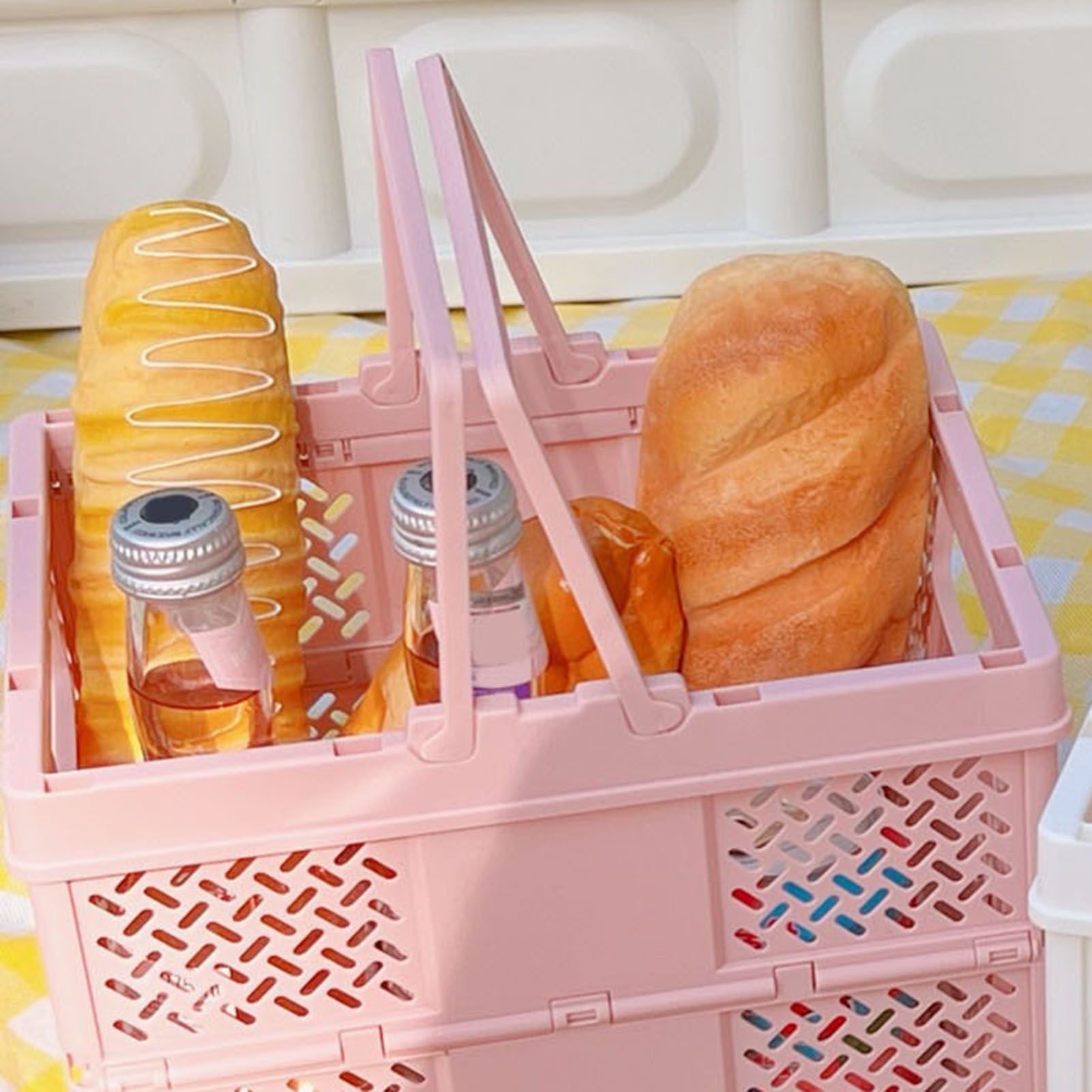 Folding Picnic Basket Stackable Storage Box Plastic Grocery Shopping Basket with Handles for Outdoor Home Pink