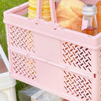 Folding Picnic Basket Stackable Storage Box Plastic Grocery Shopping Basket with Handles for Outdoor Home Pink