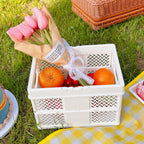 Folding Picnic Basket Stackable Storage Box Plastic Grocery Shopping Basket with Handles for Outdoor Home Milk White