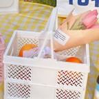 Folding Picnic Basket Stackable Storage Box Plastic Grocery Shopping Basket with Handles for Outdoor Home Milk White