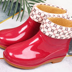 Womens Rain Boots Fashion Antiskid Short Rain Boot Round Head Radian PVC Plastic Rain Boots Red Padded 37