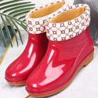 Womens Rain Boots Fashion Antiskid Short Rain Boot Round Head Radian PVC Plastic Rain Boots Red Padded 37