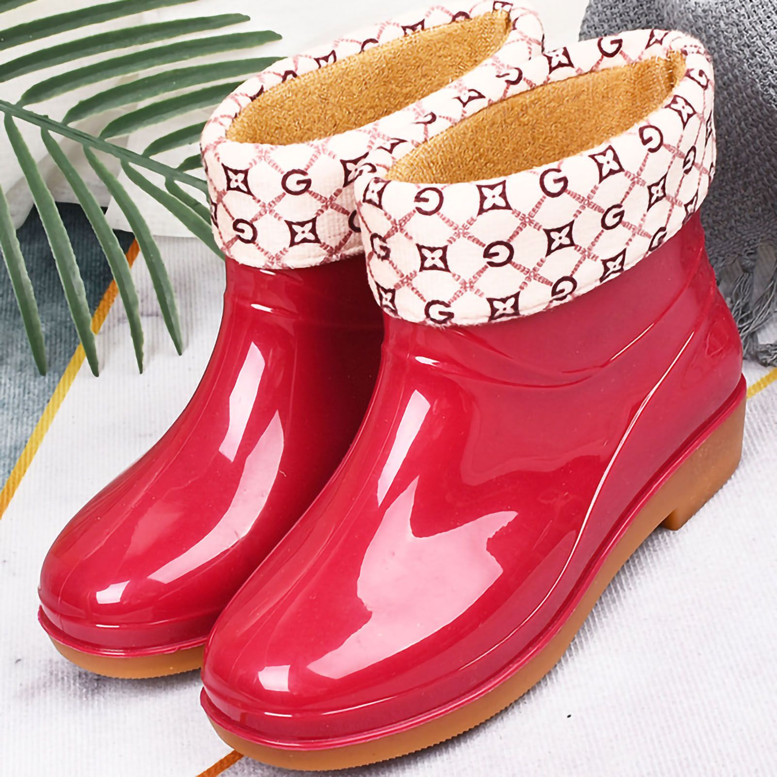 Womens Rain Boots Fashion Antiskid Short Rain Boot Round Head Radian PVC Plastic Rain Boots Red Padded 37