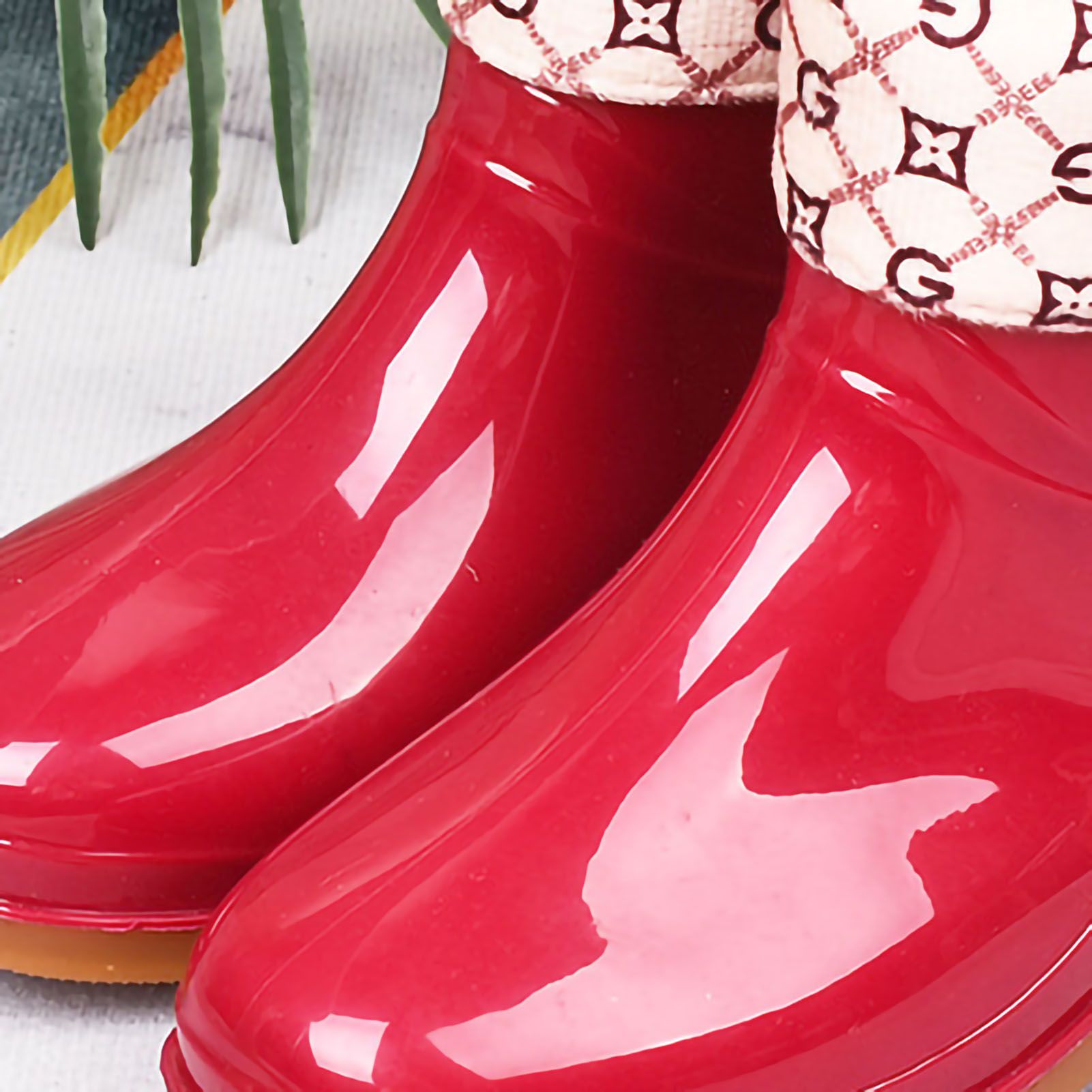 Womens Rain Boots Fashion Antiskid Short Rain Boot Round Head Radian PVC Plastic Rain Boots Red Padded 37