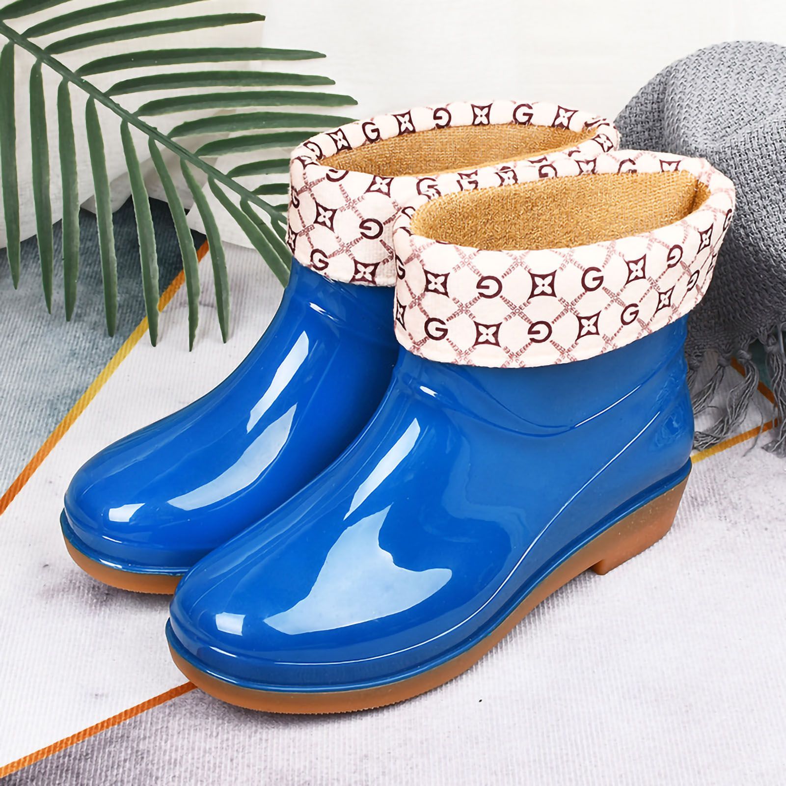 Womens Rain Boots Fashion Antiskid Short Rain Boot Round Head Radian PVC Plastic Rain Boots Blue Padded 39