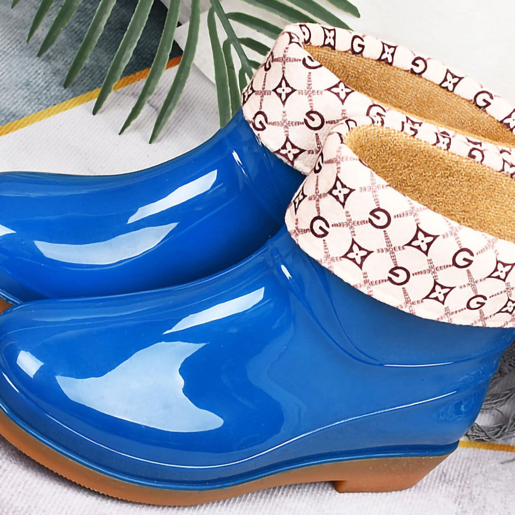Womens Rain Boots Fashion Antiskid Short Rain Boot Round Head Radian PVC Plastic Rain Boots Blue Padded 39