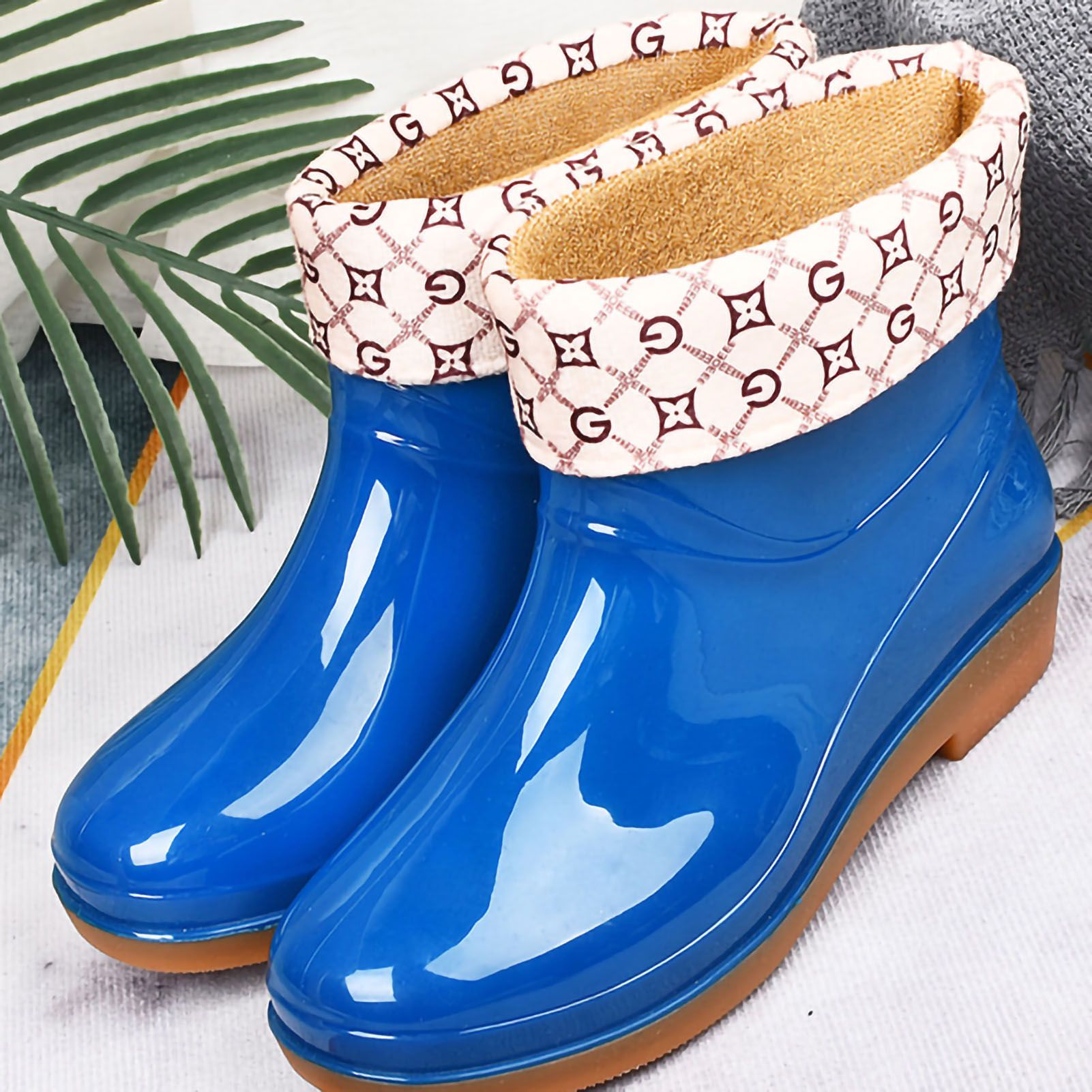 Womens Rain Boots Fashion Antiskid Short Rain Boot Round Head Radian PVC Plastic Rain Boots Blue Padded 39