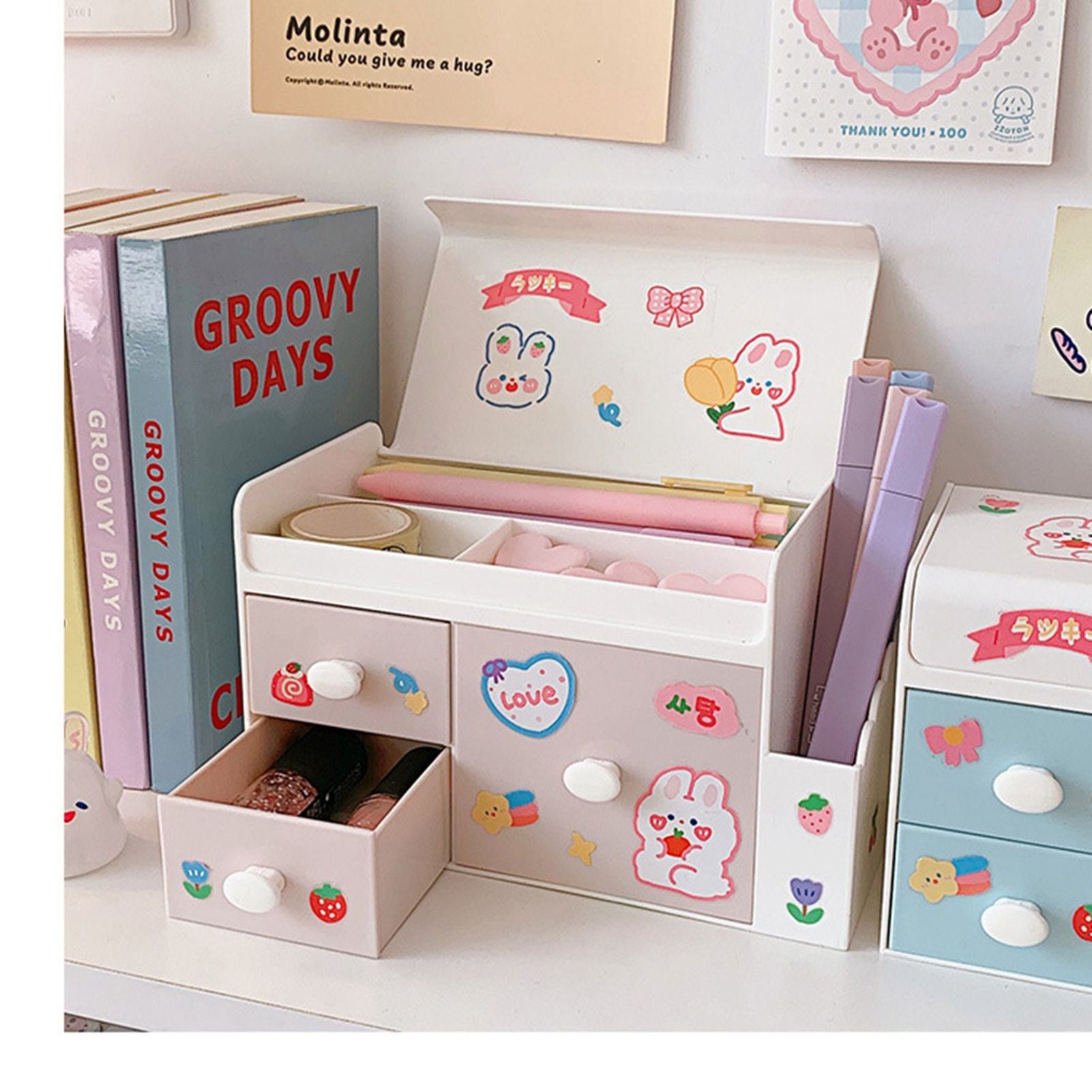 Desktop Storage Box Drawer Design Large Capacity Decorative Simple Dust Cover Skincare Storage Box Pink with Stickers