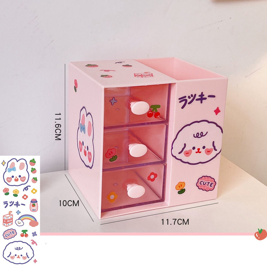 Desktop Storage Box Drawer Design Large Capacity Decorative Simple Dust Cover Skincare Storage Box Pink with Stickers