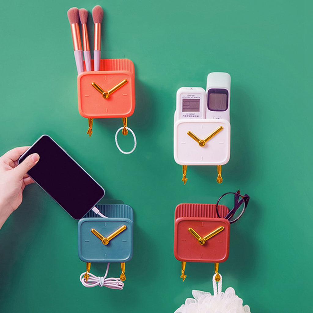 Wall Mounted Storage Box PP Clock Shaped Multifunctional Container with Hooks for Dormitory Bedside Orange