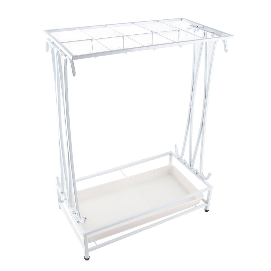 Umbrella Storage Rack Iron with Drip Tray 10 Holes 8 Hooks Umbrella Rack Stand for Home Hotel Lobby White