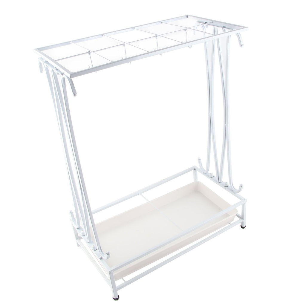 Umbrella Storage Rack Iron with Drip Tray 10 Holes 8 Hooks Umbrella Rack Stand for Home Hotel Lobby White