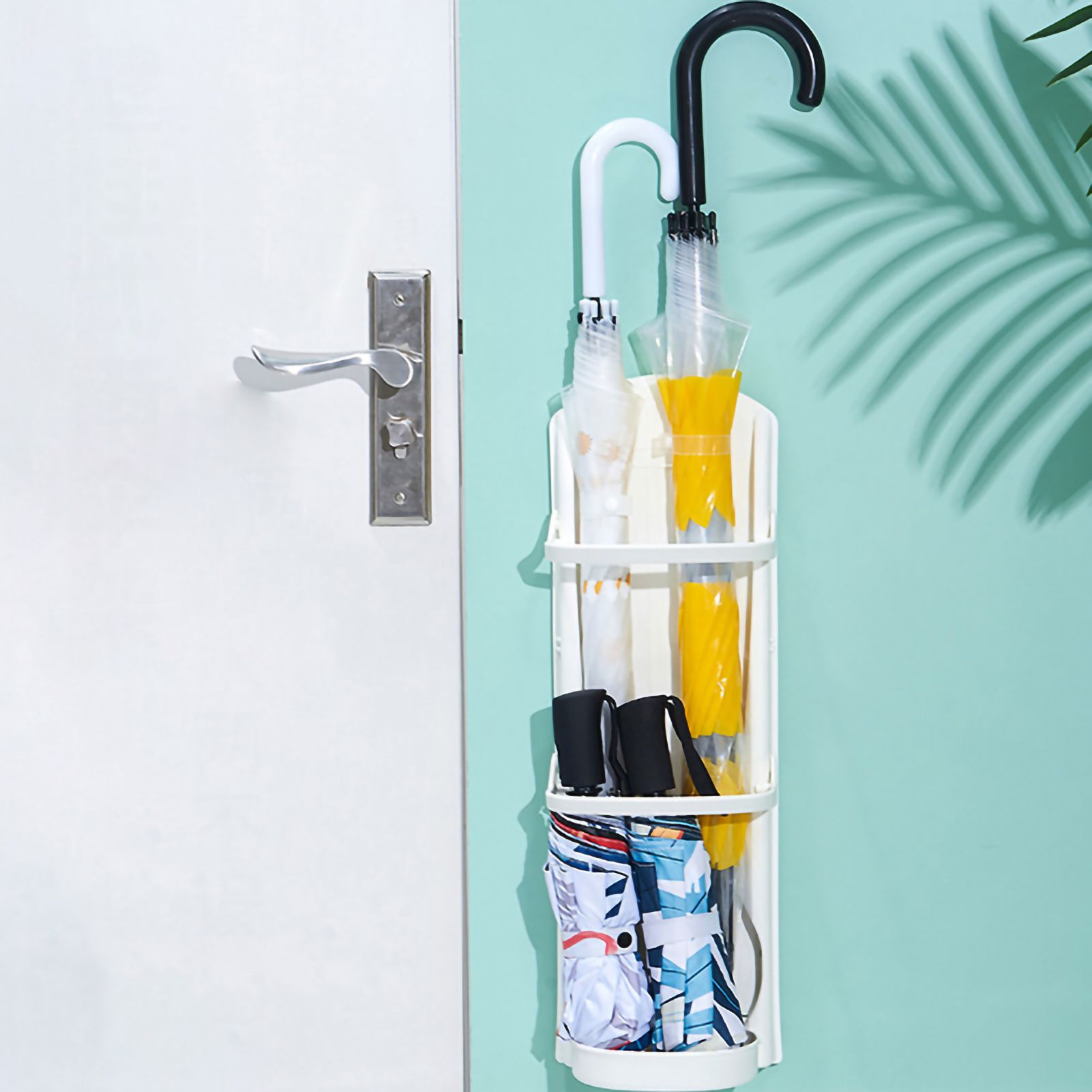 Wall Mounted Umbrella Stand Rack Punching Free Umbrella Holder with Removable Drip Tray for Household 4 Slot