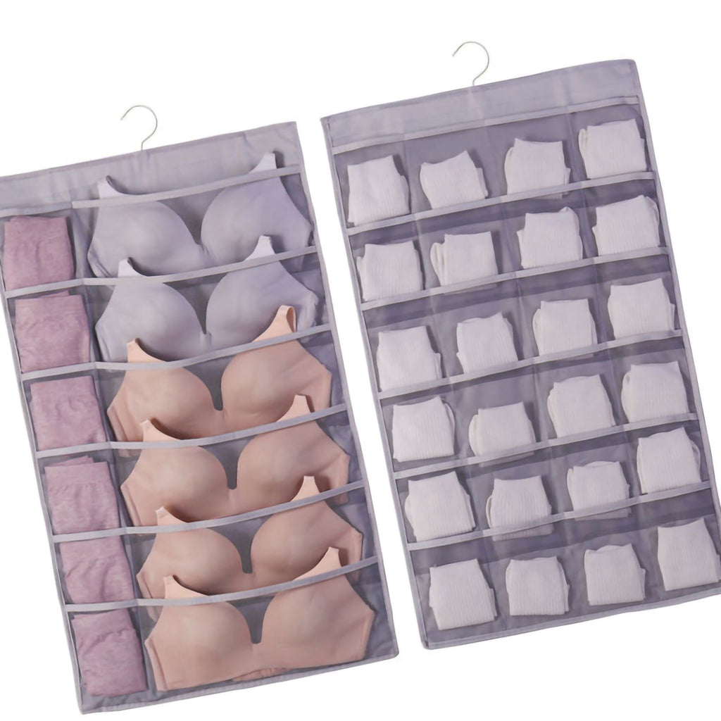 Hanging Bra Organizer Oxford Fabric Double Sides Breathable Large Capacity Underwear Storage Organizer for Bra Socks Gray, Front 12, Back 24