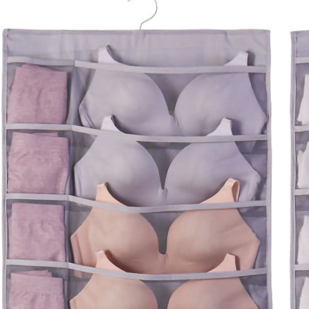 Hanging Bra Organizer Oxford Fabric Double Sides Breathable Large Capacity Underwear Storage Organizer for Bra Socks Gray, Front 12, Back 24