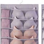 Hanging Bra Organizer Oxford Fabric Double Sides Breathable Large Capacity Underwear Storage Organizer for Bra Socks Gray, Front 12, Back 24
