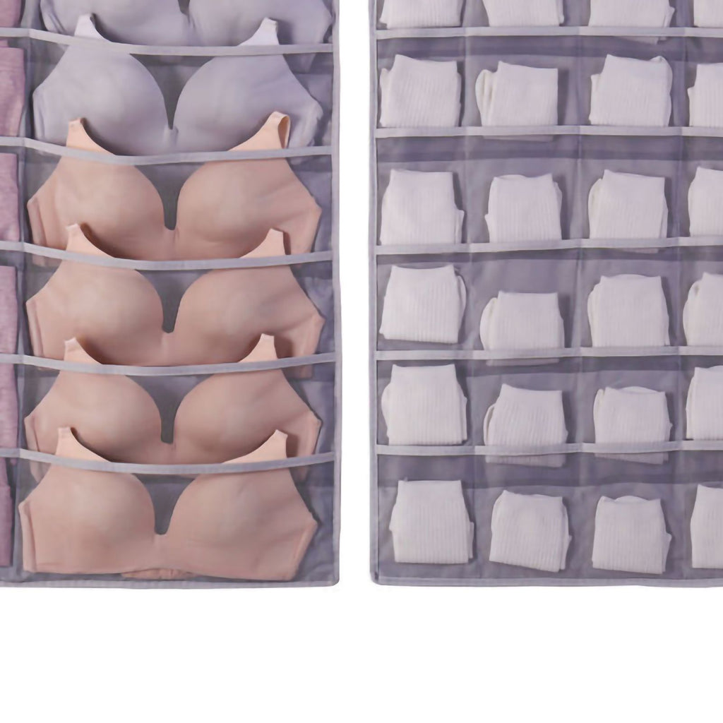 Hanging Bra Organizer Oxford Fabric Double Sides Breathable Large Capacity Underwear Storage Organizer for Bra Socks Gray, Front 12, Back 24