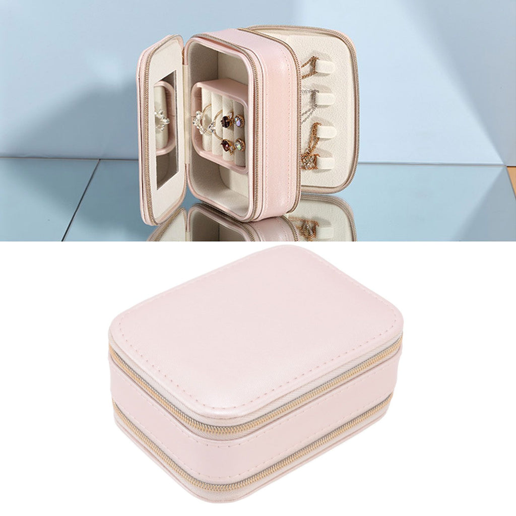 Jewelry Case Double Layer Portable Pink Necklace Hook Design Convenient Handle Travel Jewelry Box