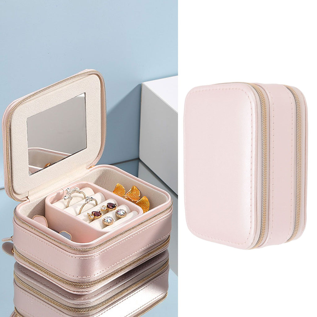 Jewelry Case Double Layer Portable Pink Necklace Hook Design Convenient Handle Travel Jewelry Box