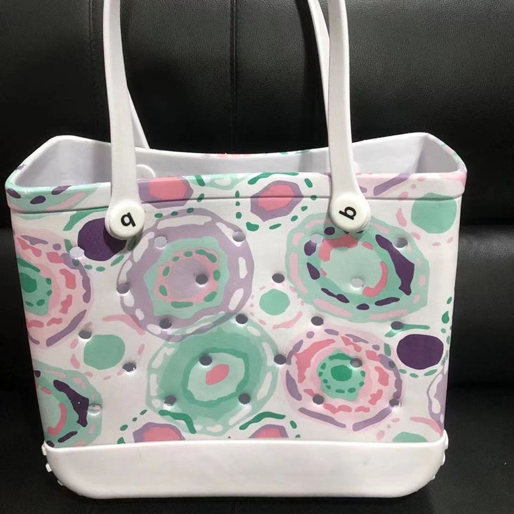 Women Storage EVA Handbag Hole Design Beach Casual Bag for Outdoor Sport Shopping Traveling White Print Small