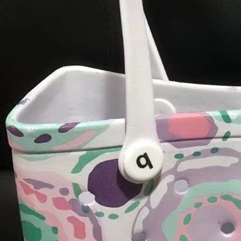 Women Storage EVA Handbag Hole Design Beach Casual Bag for Outdoor Sport Shopping Traveling White Print Small