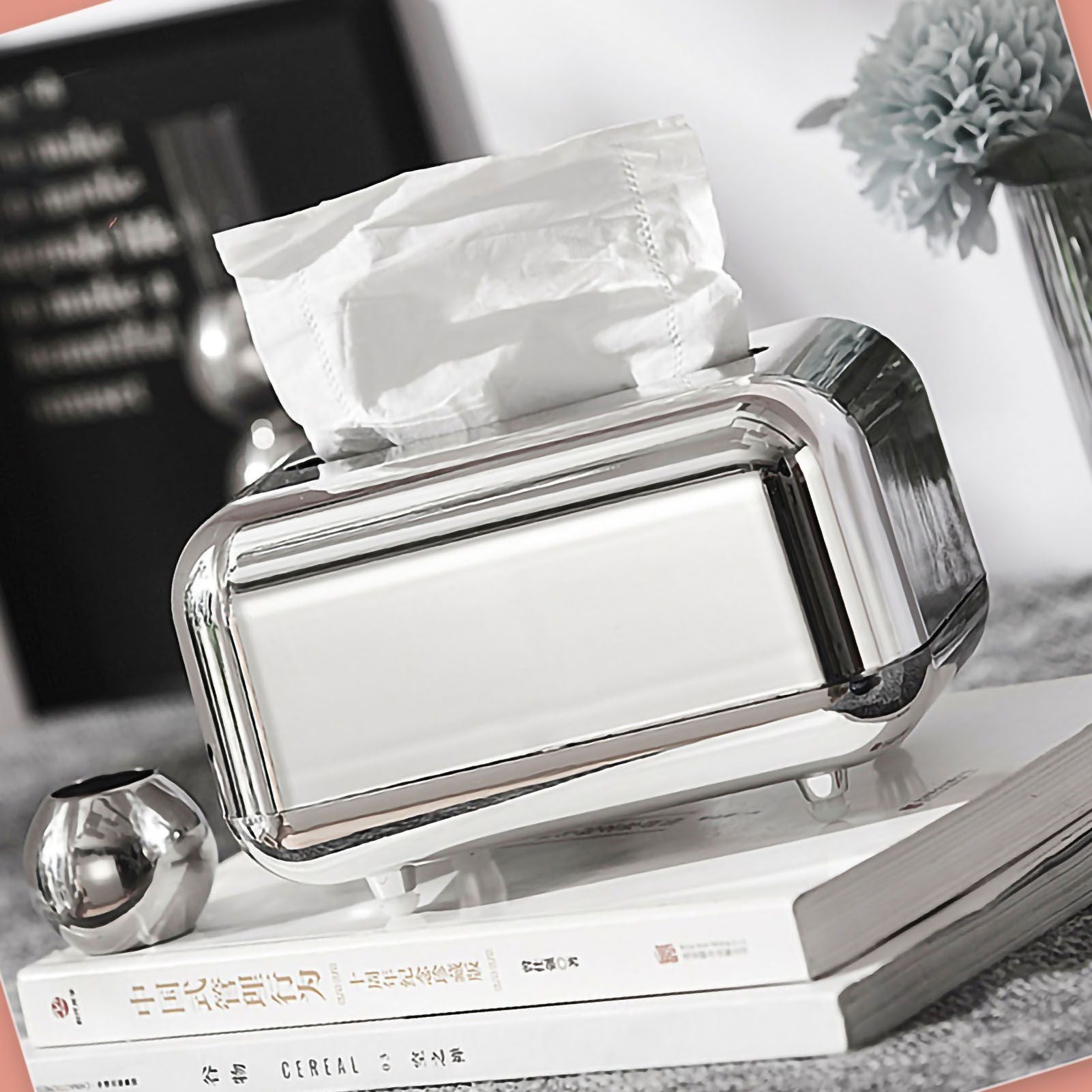Tissue Storage Box Electroplated Magnetic Retro Built in Spring Facial Tissue Dispenser Box for Home Silver Grey