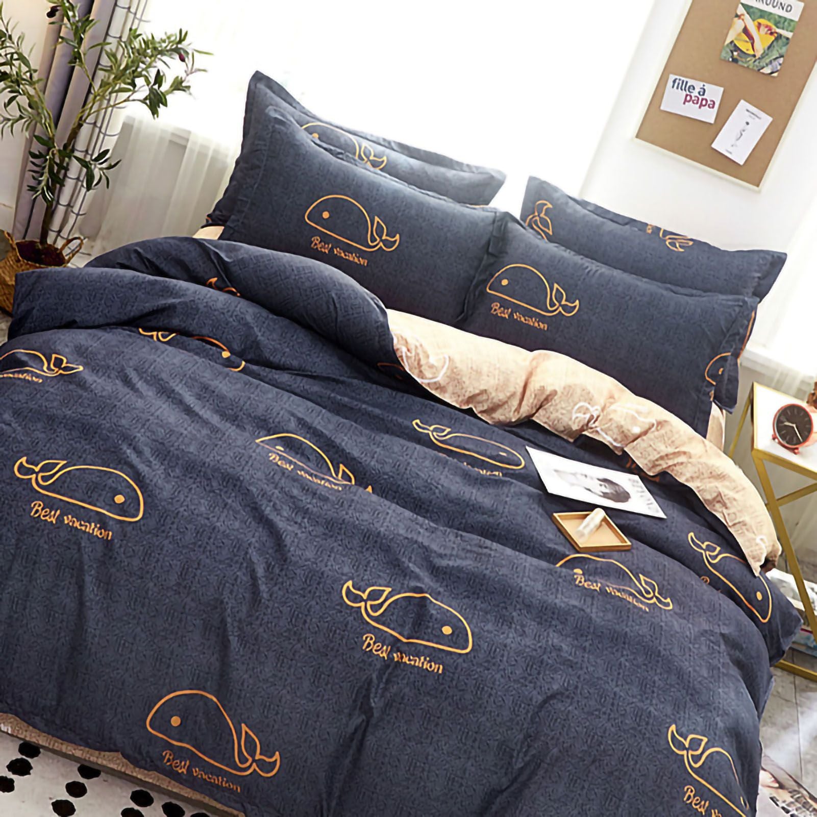 Skin Friendly Quilt Cover Thickened Polyester Soft Brushed Duvet Cover Quilt Bedding for Dormitory Bedroom Whale 150x200cm