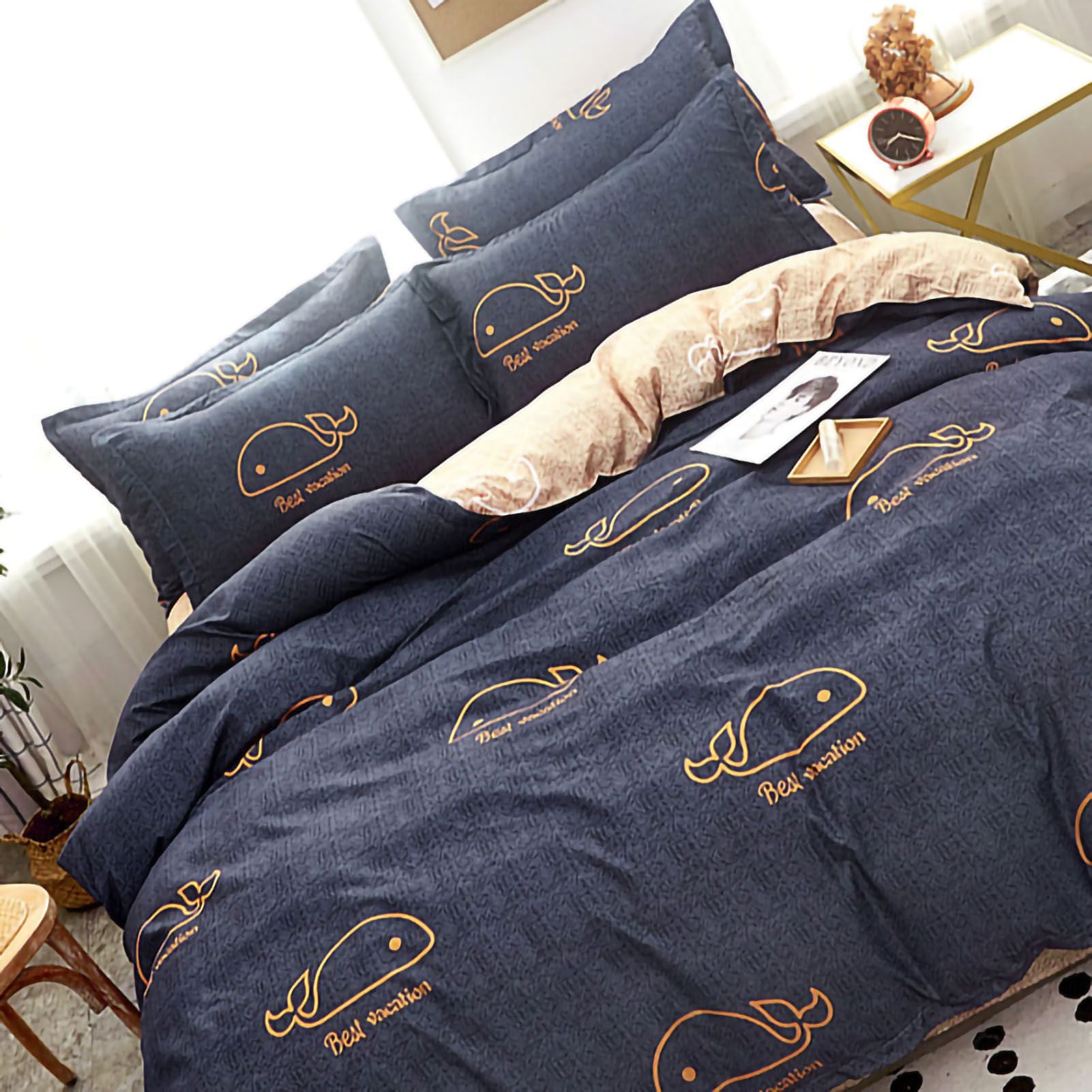 Skin Friendly Quilt Cover Thickened Polyester Soft Brushed Duvet Cover Quilt Bedding for Dormitory Bedroom Whale 180x220cm