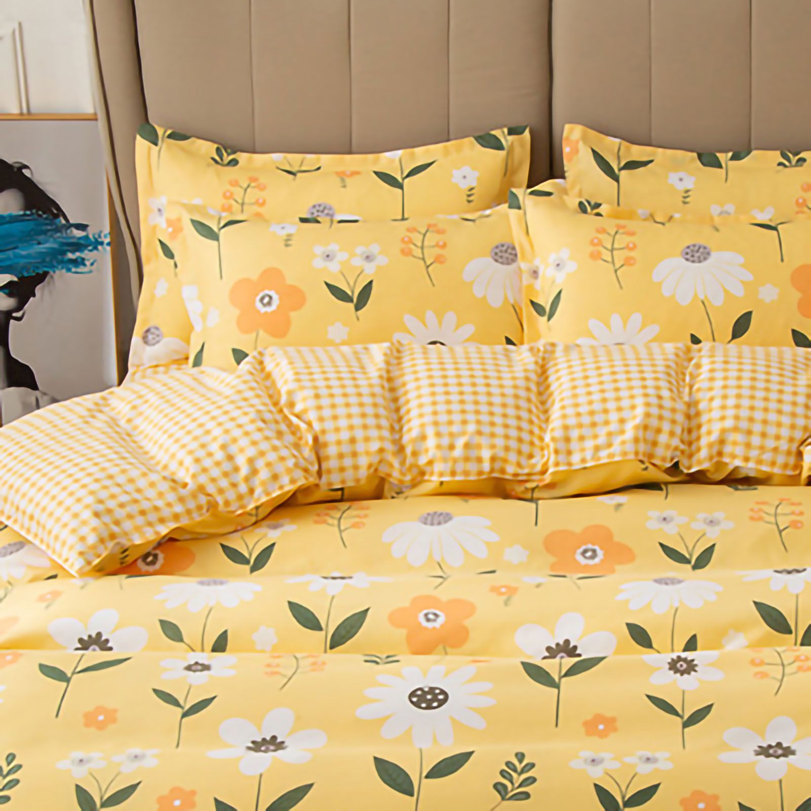 Skin Friendly Quilt Cover Thickened Polyester Soft Brushed Duvet Cover Quilt Bedding for Dormitory Bedroom Yellow Flowers 180x220cm