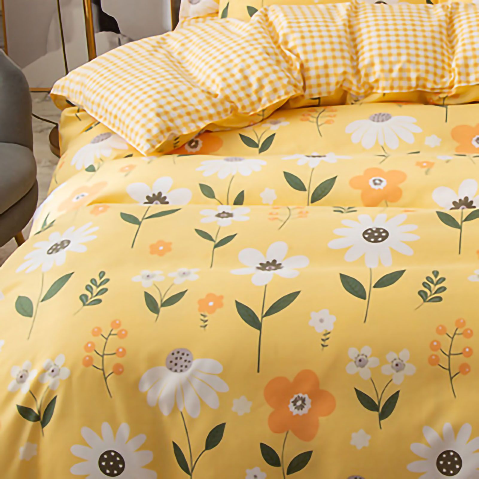 Skin Friendly Quilt Cover Thickened Polyester Soft Brushed Duvet Cover Quilt Bedding for Dormitory Bedroom Yellow Flowers 180x220cm