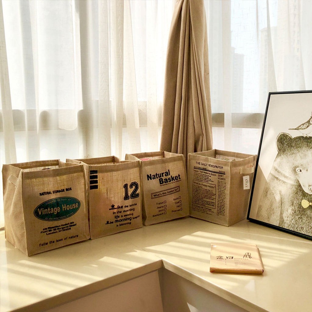 Jute Storage Box Foldable Waterproof Film Easy Cleaning Mild Texture Storage Basket for Home Office TDN Pattern