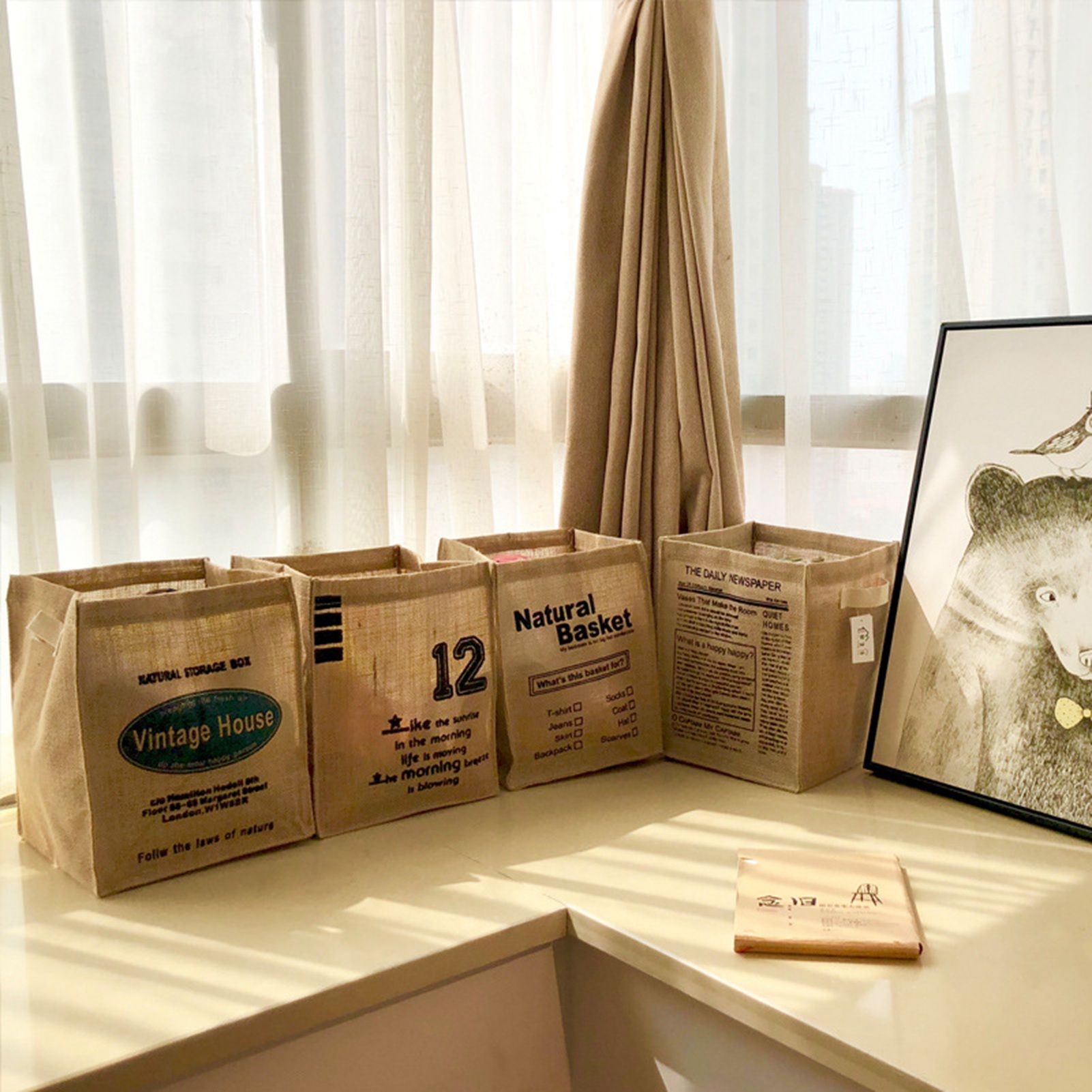 Jute Storage Box Foldable Waterproof Film Easy Cleaning Mild Texture Storage Basket for Home Office TDN Pattern