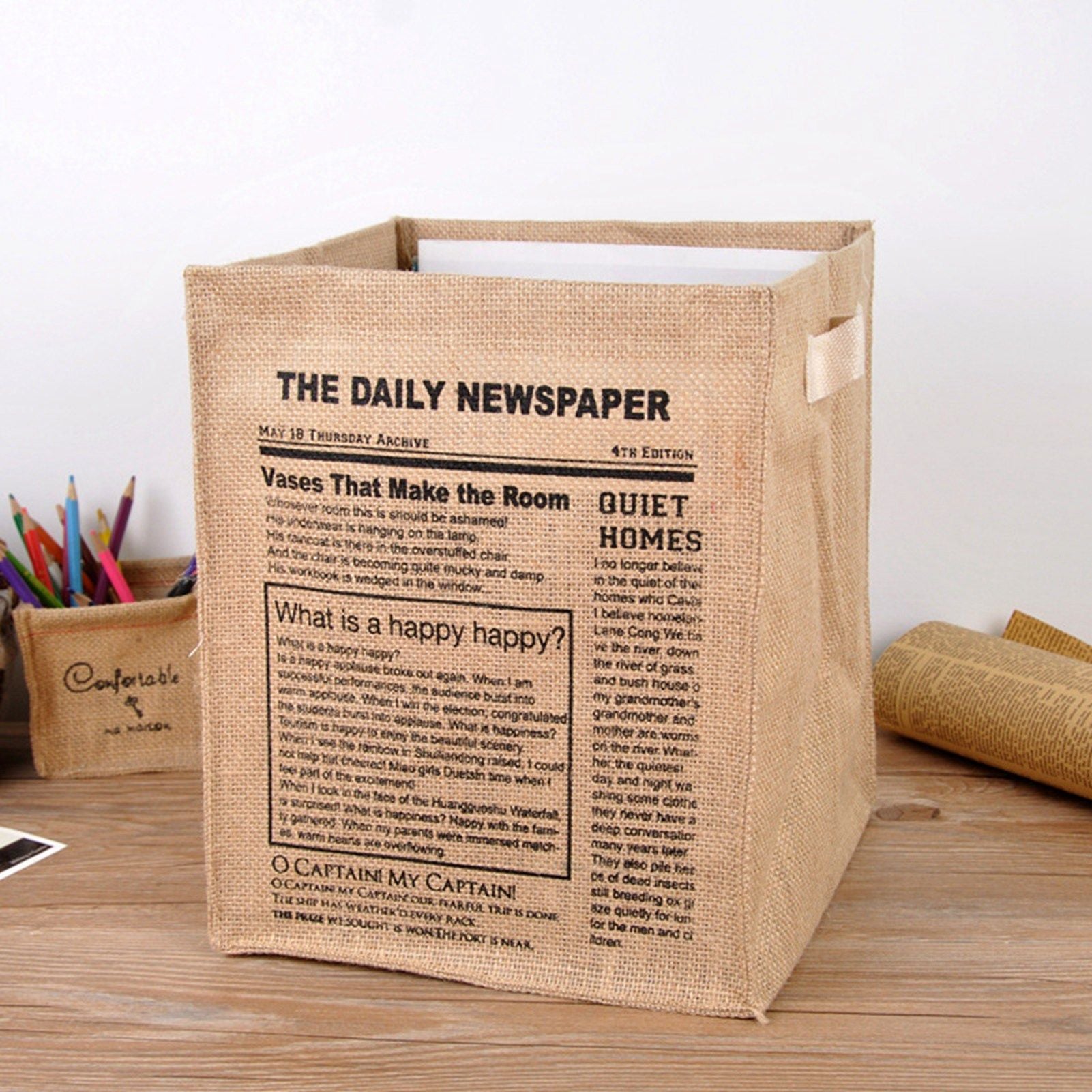 Jute Storage Box Foldable Waterproof Film Easy Cleaning Mild Texture Storage Basket for Home Office TDN Pattern