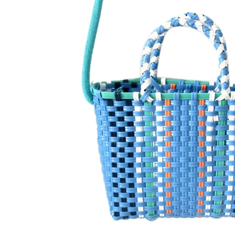 Woven Bag Colorful Plastic Strip Handle Small Cute Fashionable Square Bag for Summer Beach Sky Blue