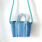 Woven Bag Colorful Plastic Strip Handle Small Cute Fashionable Square Bag for Summer Beach Sky Blue